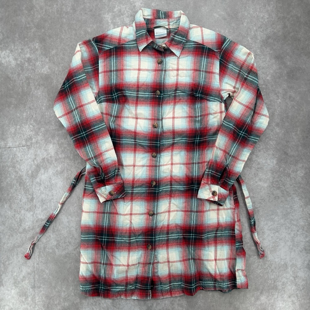 Columbia Women's XS Plaid Shirt Dress Red Teal Long Sleeve Button Front